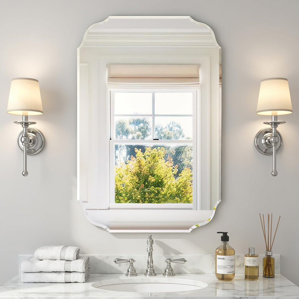 Silver Wall Mirror-Beveled Edge Frameless Mirror for Bathroom, Vanity, Bedroom, Rectangle Mirrors （32X24inch）