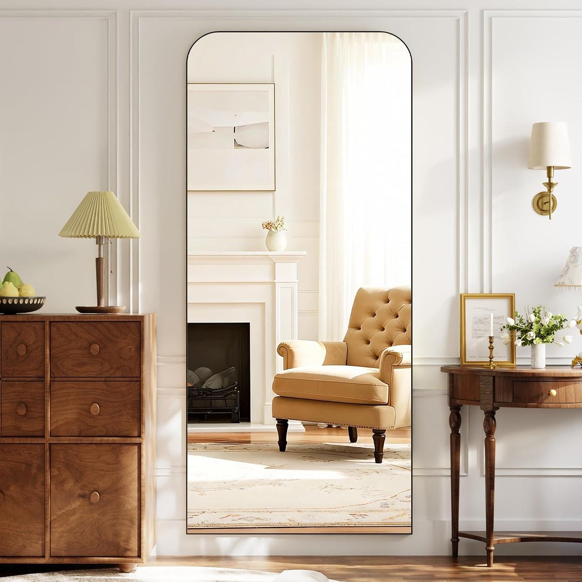 Arched Floor Standing Mirror 71"x26"Black with Top Round Corner
