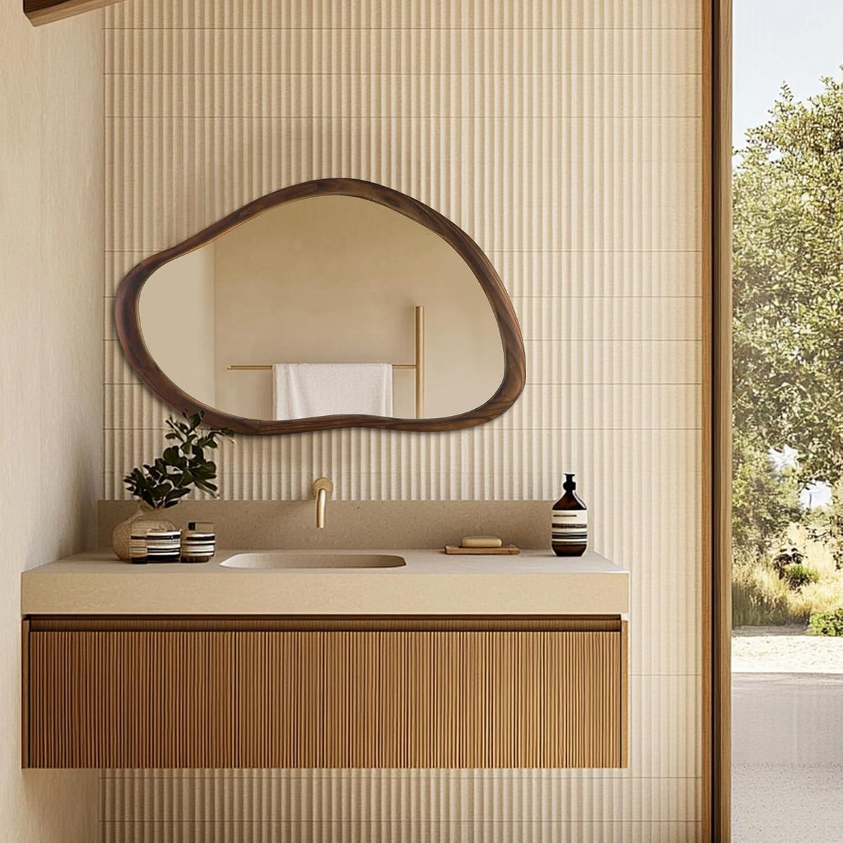 35"x24" Irregular Wall Mirror, Dark Walnut Wood Bathroom Mirror