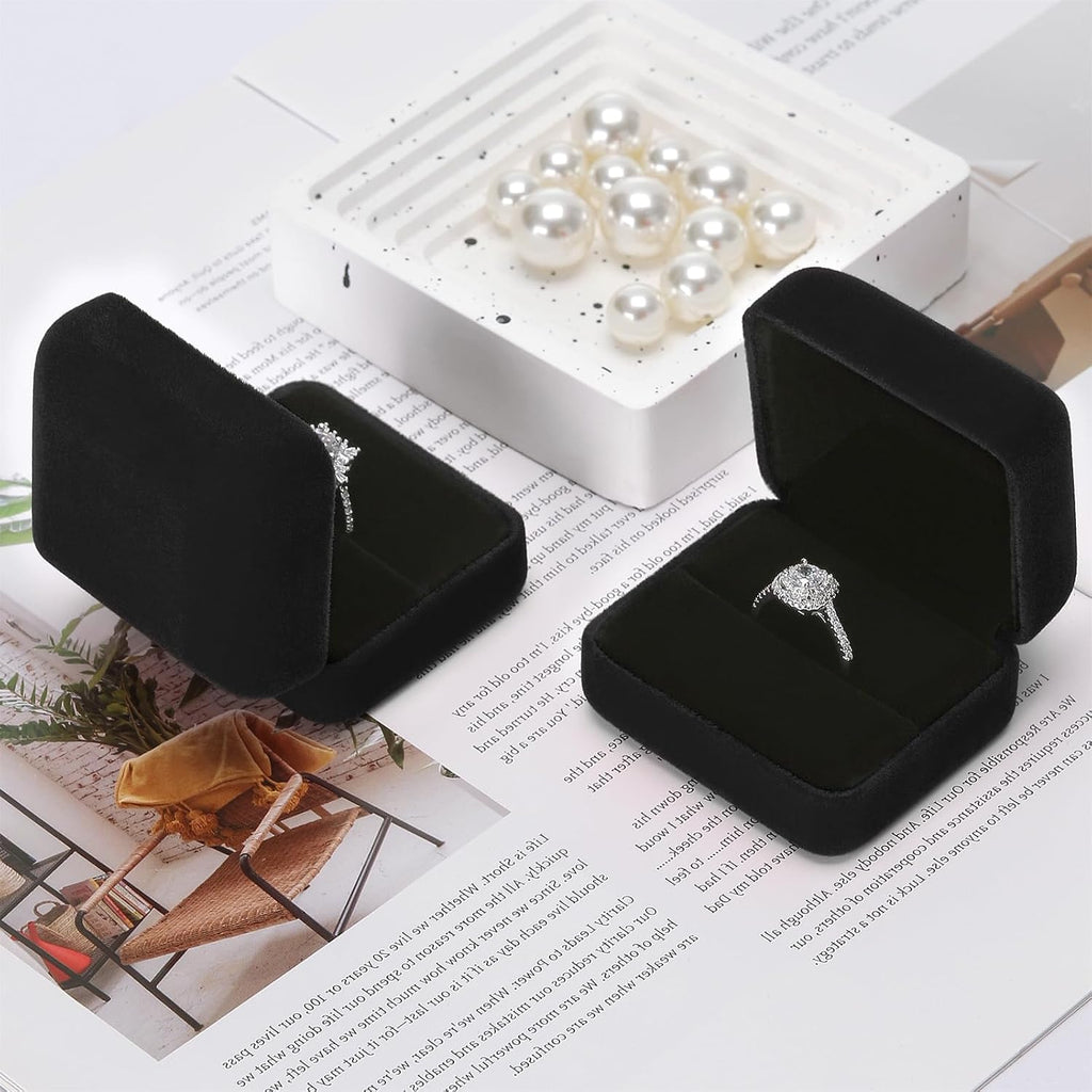 KUKUVR 2 Pieces Velvet Metal Wedding Ring Box, Elegant Jewelry Earring Studs Gift Box for Women Girl, Ring Holder Case for Engagement Proposal, Anniversary, Bridal Party Decor (Black)