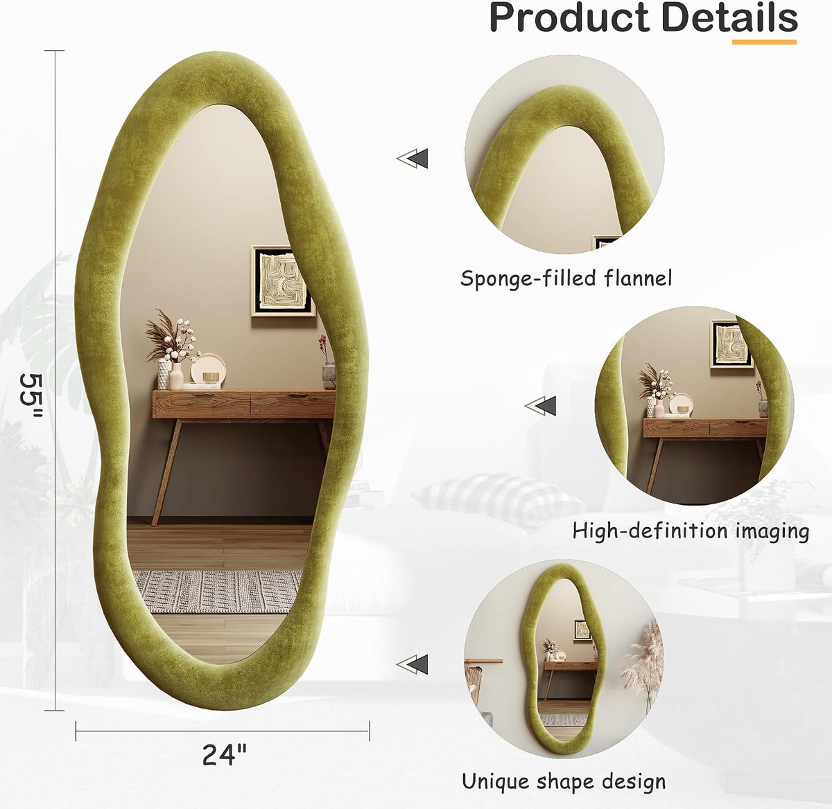 Honyee 55" x 24" Wavy Mirror, Flannel Wrapped Wooden Frame, Irregular Hanging for Cloakroom/Bedroom/Living Room, Green