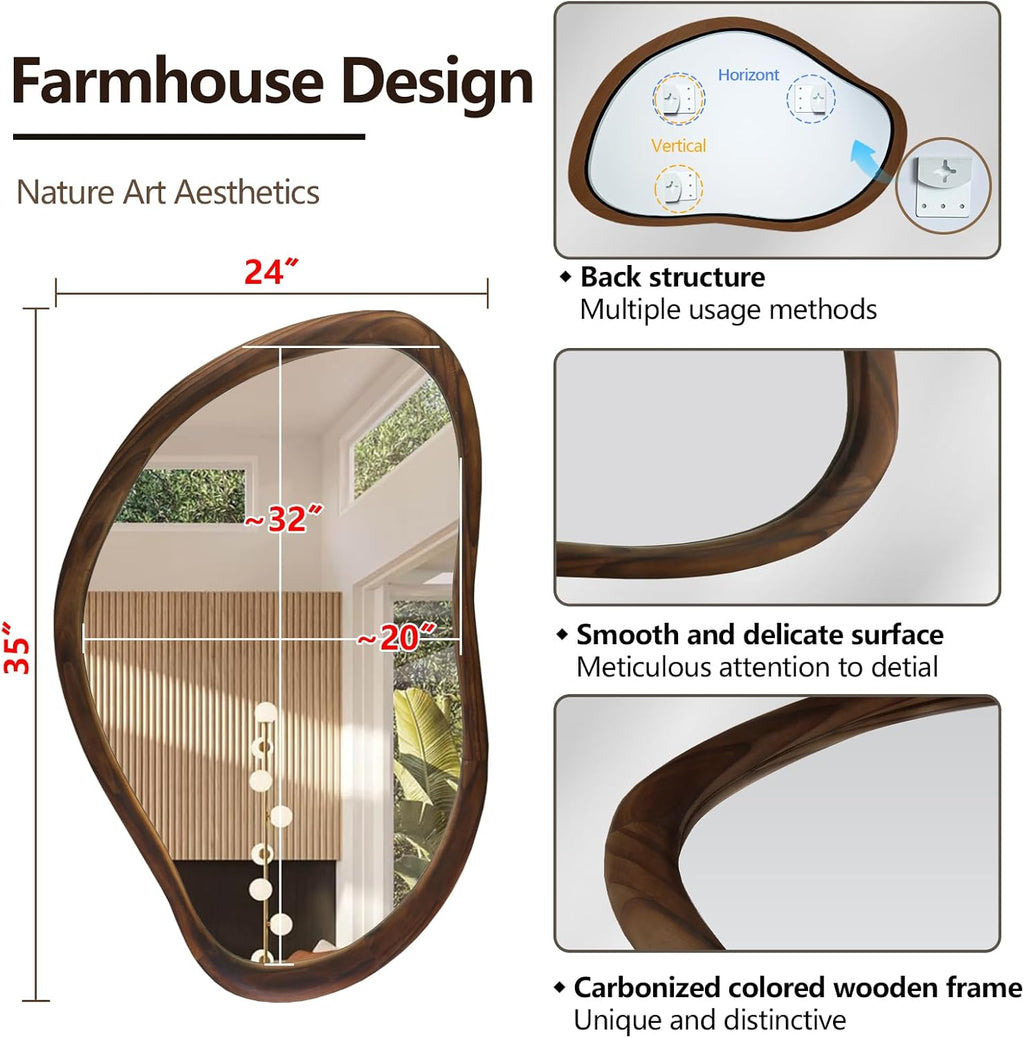 35"x24" Irregular Wall Mirror, Dark Walnut Wood Bathroom Mirror