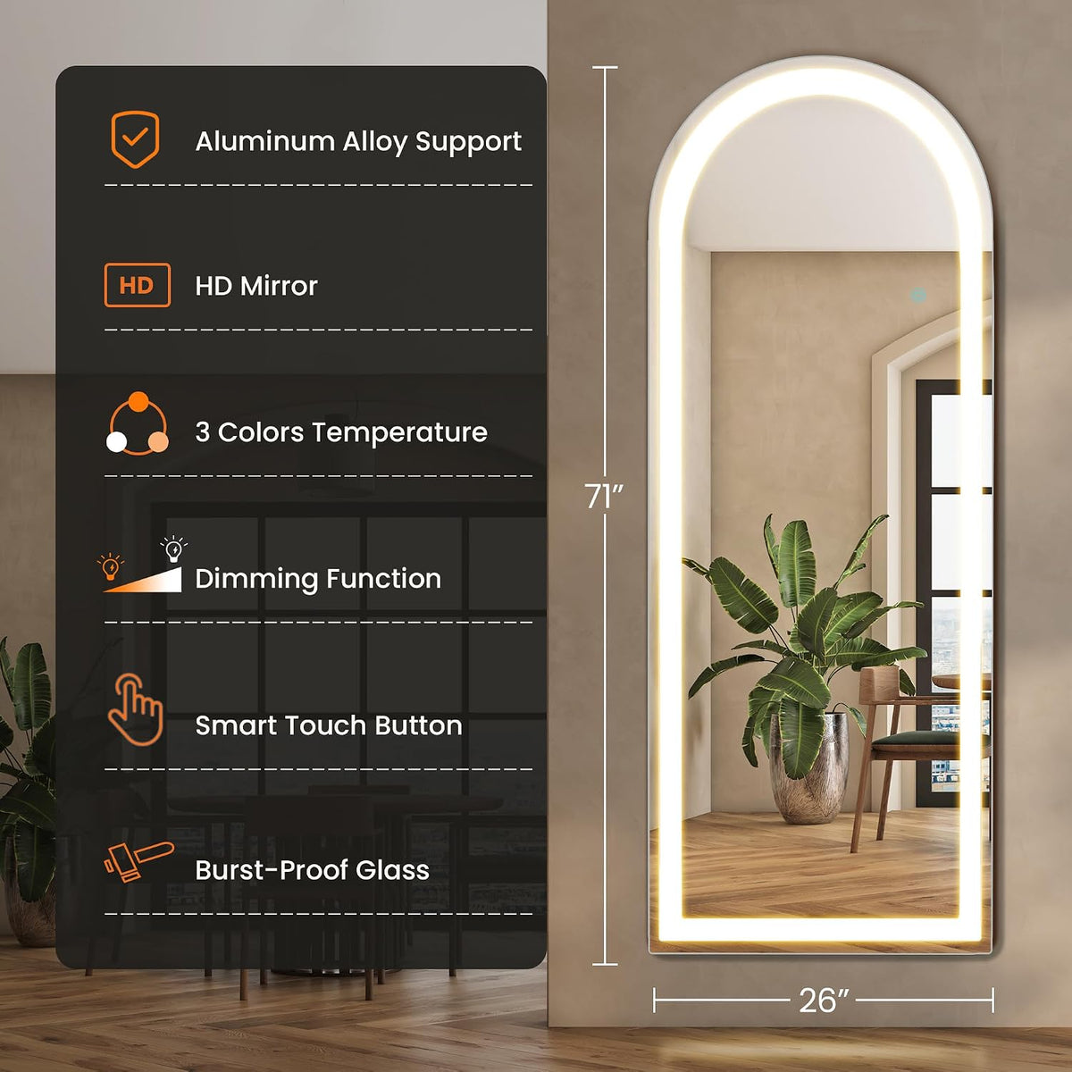 Alpen 71x26 Inches Arched LED Full Length Mirror, Floor Mirror with Stand