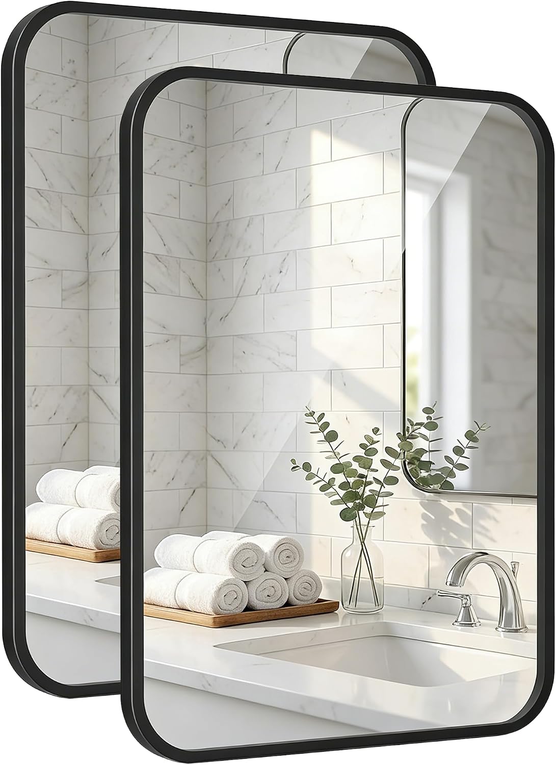 2-Pack 24x36 Inch Matte Black Rounded Rectangle Vanity Mirrors