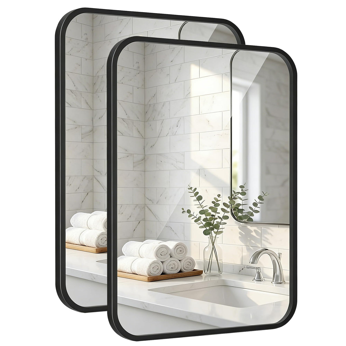 2-Pack 24x36 Inch Matte Black Rounded Rectangle Vanity Mirrors