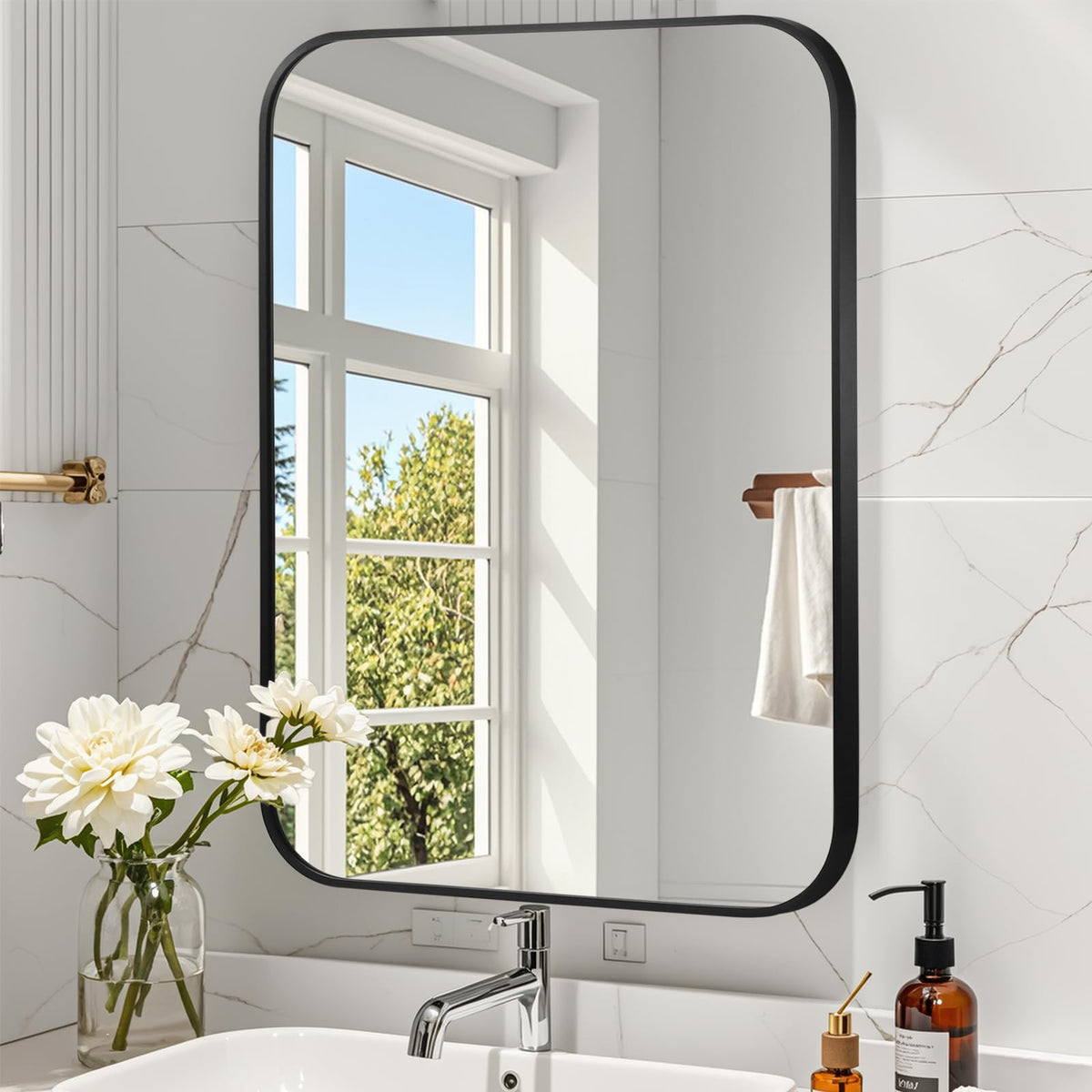 Brushed Nickel Bathroom Mirror, 30"x36" Rectangle Mirror, Brushed Mirror, Metal Frame Square Corner Vanity Mirror, Wall Mounted Mirror for Modern, Living Room, Bedroom, Horizontal Or Vertical