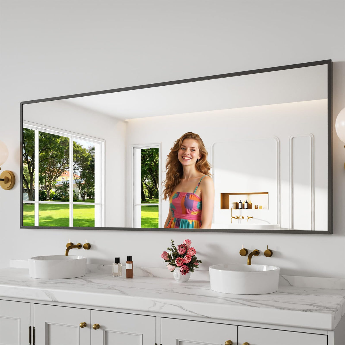 Koonmi Bathroom Mirror for Wall, 30"x30" Black Bathroom Mirror for Over Sink, Shatterproof Tempered Glass Vanity Mirror with Anti-Rust Aluminum Alloy Frame, Hang Horizontally or Vertically