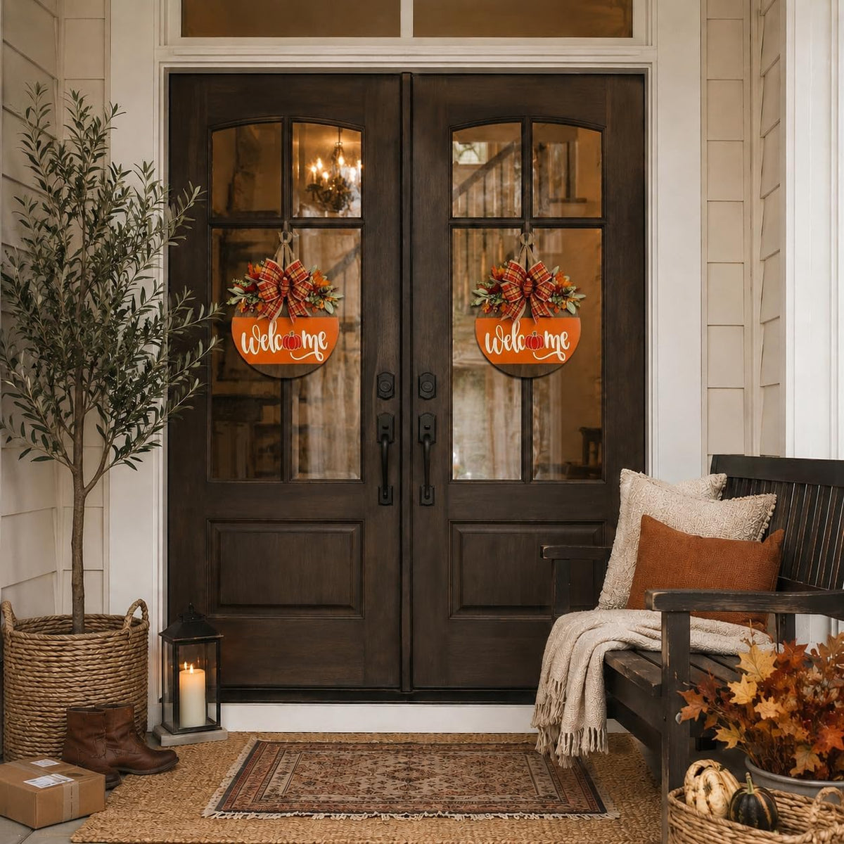 Fall Door Sign for Front Door, Wooden Welcome Hanger with Pumpkin Design, Plaid Bow and Autumn Leaves, Porch Entry Decor, Harvest Wreath Accent, Thanksgiving Decorations for Home and Covered Porch