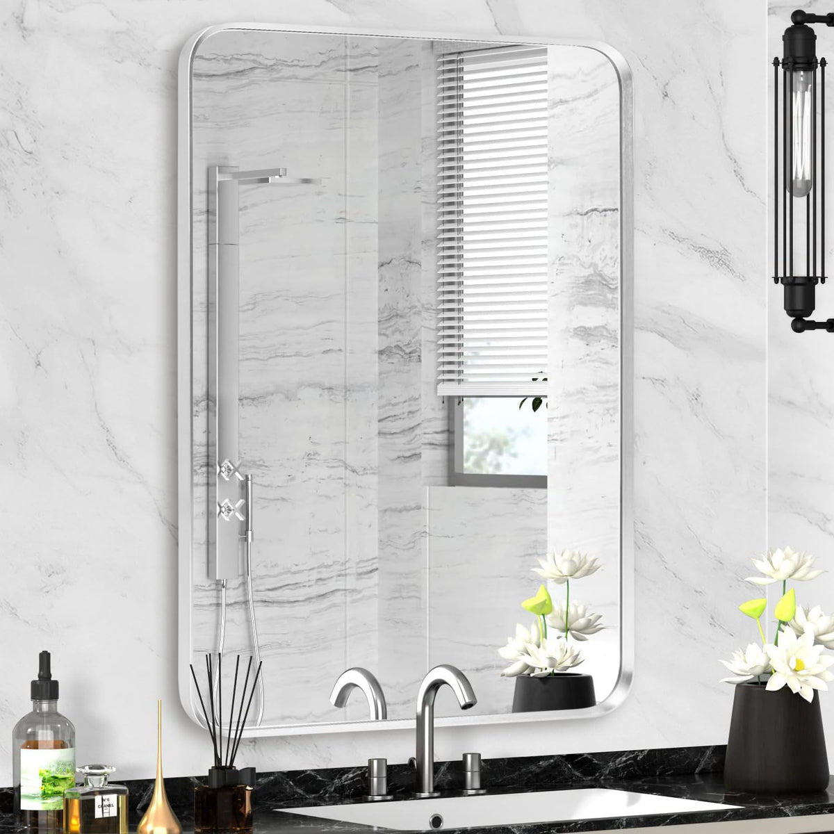 Wall Mount Mirror for Bathroom, Black Metal Framed, 24" x 36"
