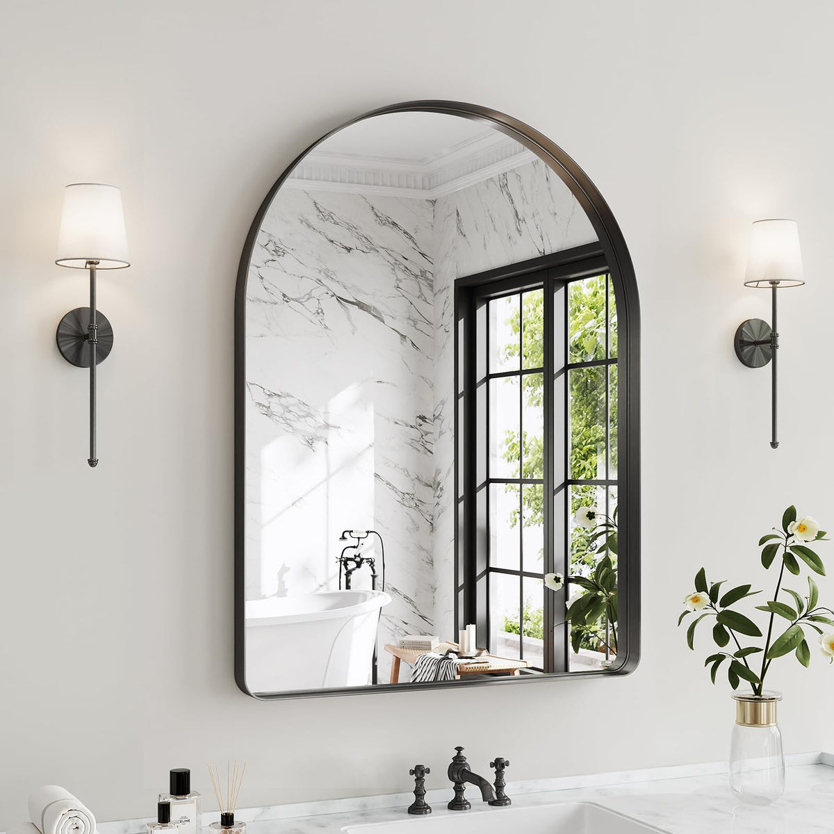 36"x24" Black Arched Mirror, Arched Wall Mirror with Metal Frame, Wall Mounted Large Arched Mirror for Living Room, Restroom, Entryway, Tempered Glass, Modern Home Decor