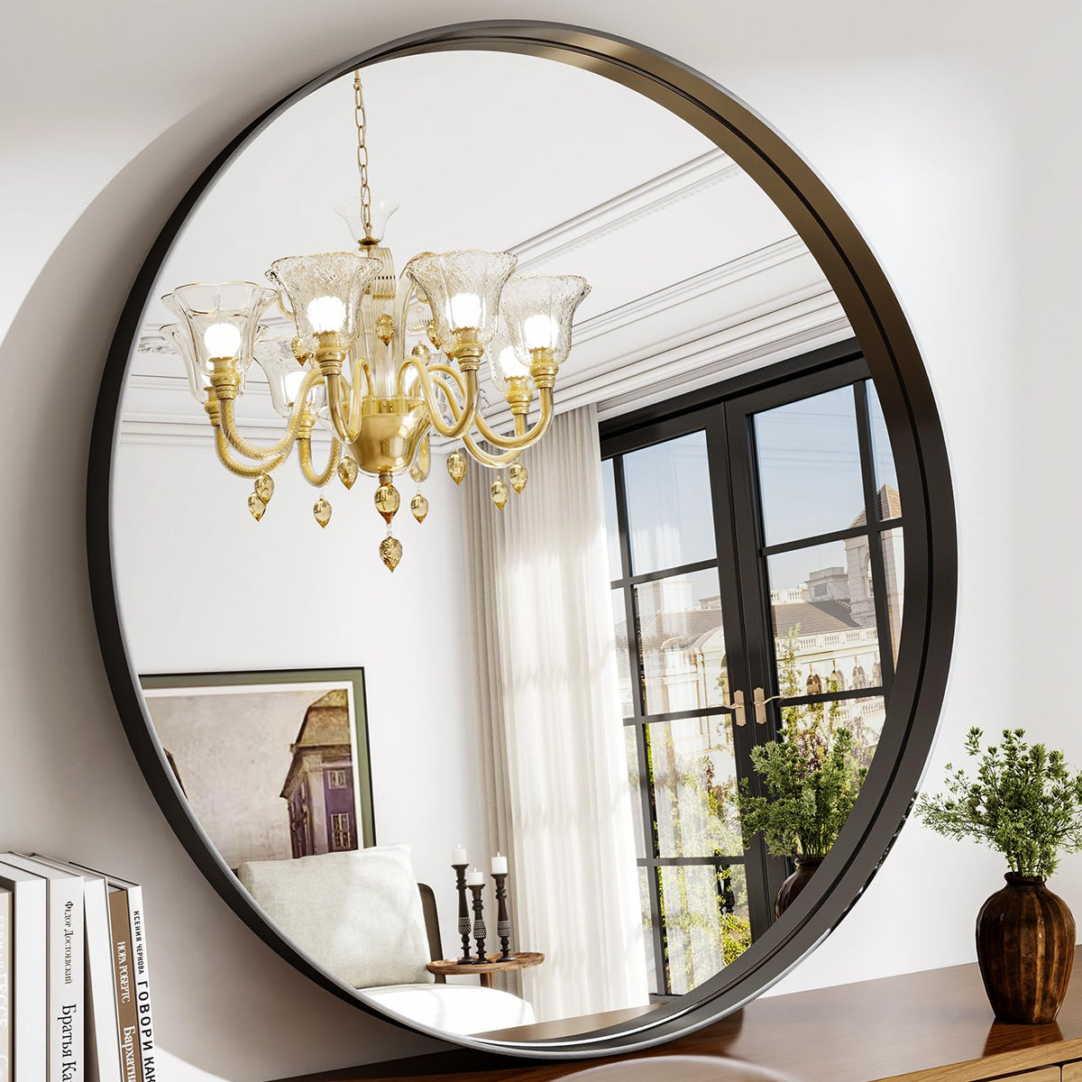 42 Inch Round Bathroom Mirror - Black Wall Mounted Circle Mirror with Metal Frame, Modern Round Hanging Mirror Suitable for Bathroom, Vanity, Entryway, Living Room