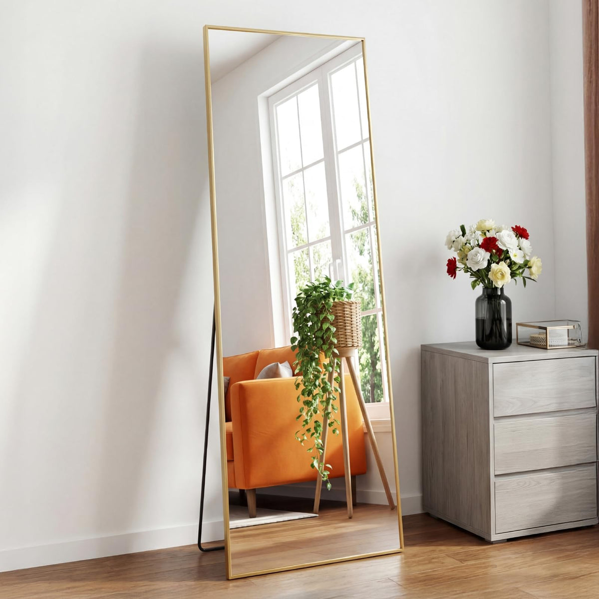 DUMOS Gold Full Length Mirror 59"x16.5" Full Body Floor Mirror for Bedroom or Cloakroom, Can Stand Alone, Hang or Lean Against Wall, Tall Wall Mirrors with Stand and Sleek Aluminum Alloy Thin Frame