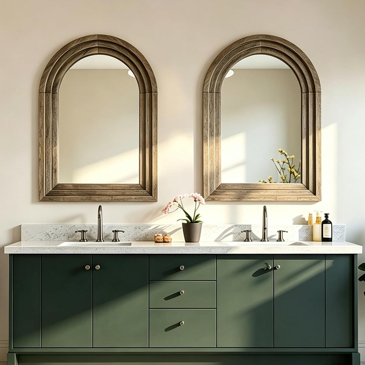 OUZUGIE Squared Arch Bathroom Mirror, Wood Frame, 24 x 36 in, Light Walnut