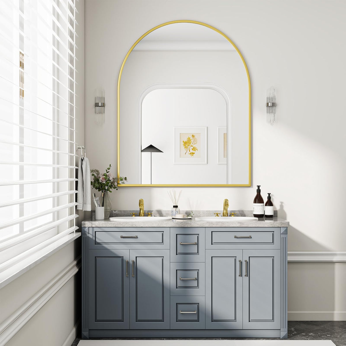 BEAUTYPEAK 31"x32" Arch Bathroom Wall Mirror, Gold