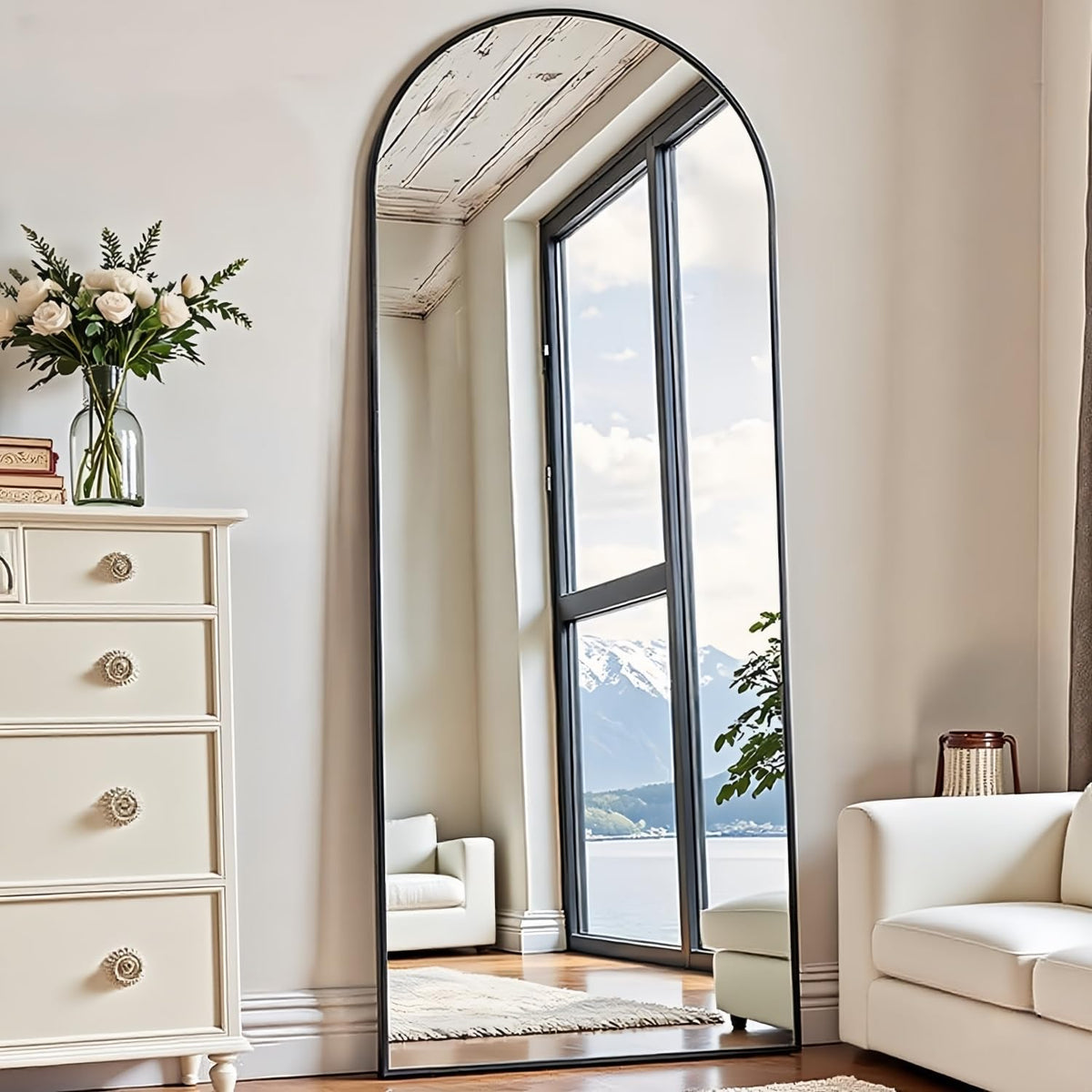 Dewfig Vintage Arched Wall Mirror, 30"x22" Bronze Antique Bathroom Mirror
