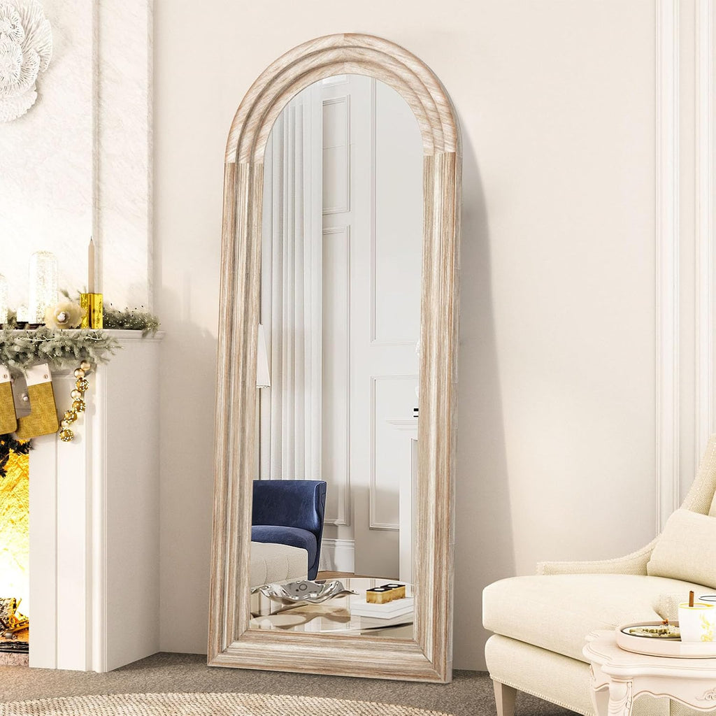 Arched Full Length Mirror with Solid Wood Frame 65x24 Inch Wall Mounted Floor Mirror, Vertical Hanging Leaning Standing Mirror for Living Room, Bedroom, Entryway, Rustic White