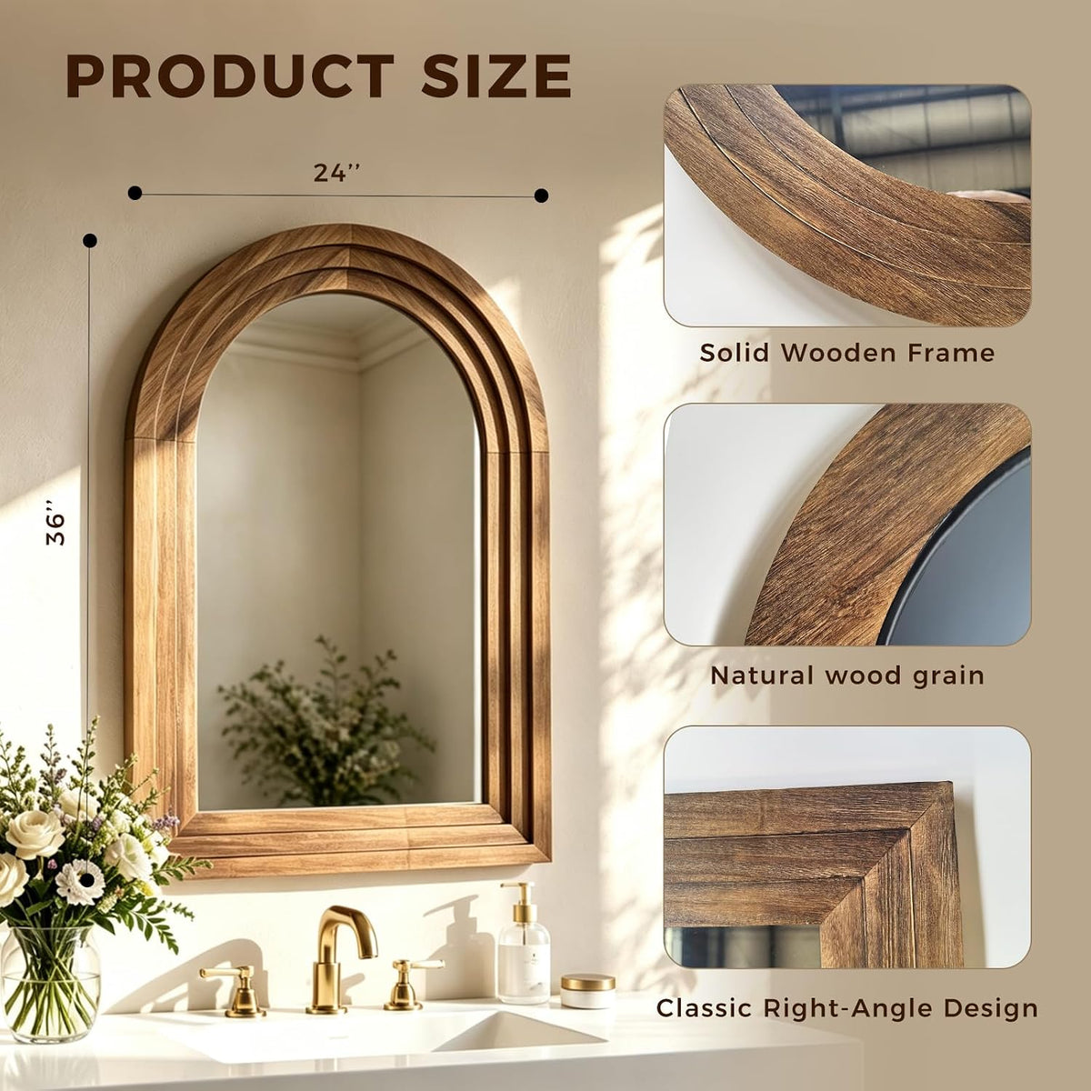 OUZUGIE Squared Arch Bathroom Mirror, Wood Frame, 24 x 36 in, Light Walnut