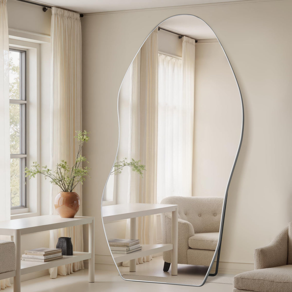 Antok Irregular Full Length Mirror, 76"x36" Asymmetrical Floor Mirror with Stand, Standing Hanging Leaning Irregular Mirrors for Bedroom Living Room Entryway, Wavy Shaped, Black