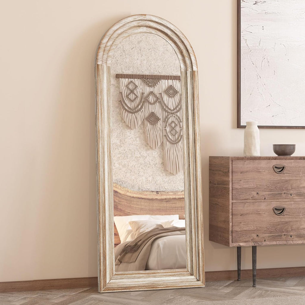 Arched Full Length Mirror with Solid Wood Frame 65x24 Inch Wall Mounted Floor Mirror, Vertical Hanging Leaning Standing Mirror for Living Room, Bedroom, Entryway, Rustic White