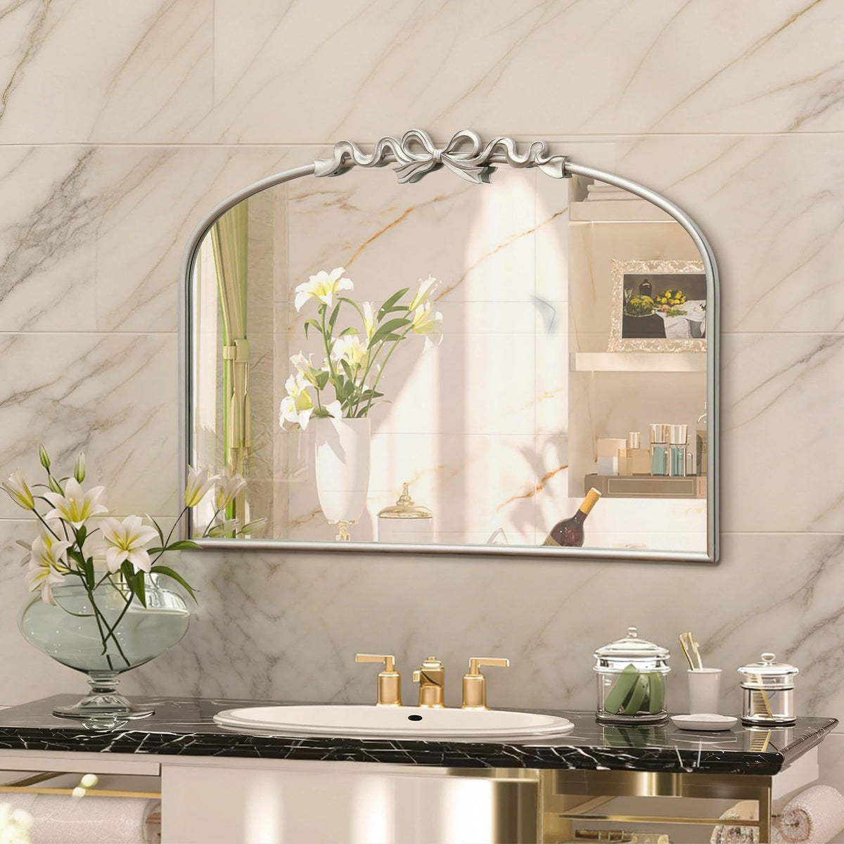 Besdomus Arched Mirror Full Length: 21"x56" Vintage Gold Bow Floor Mirrors