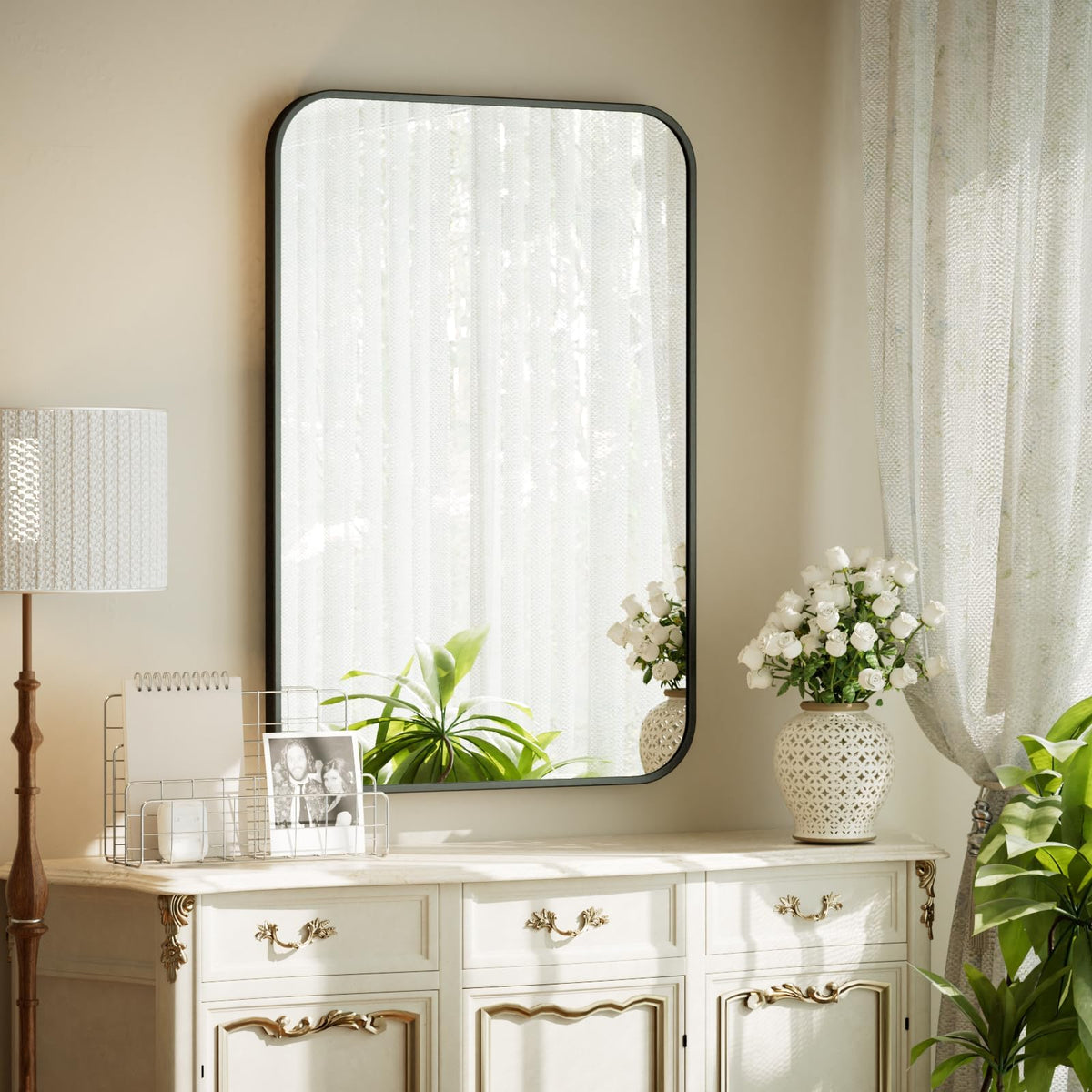 BEAUTYPEAK 24" x 36" Rectangular Aluminum Alloy Frame Wall Mounted Bathroom Mirror with Rounded Corners, Black