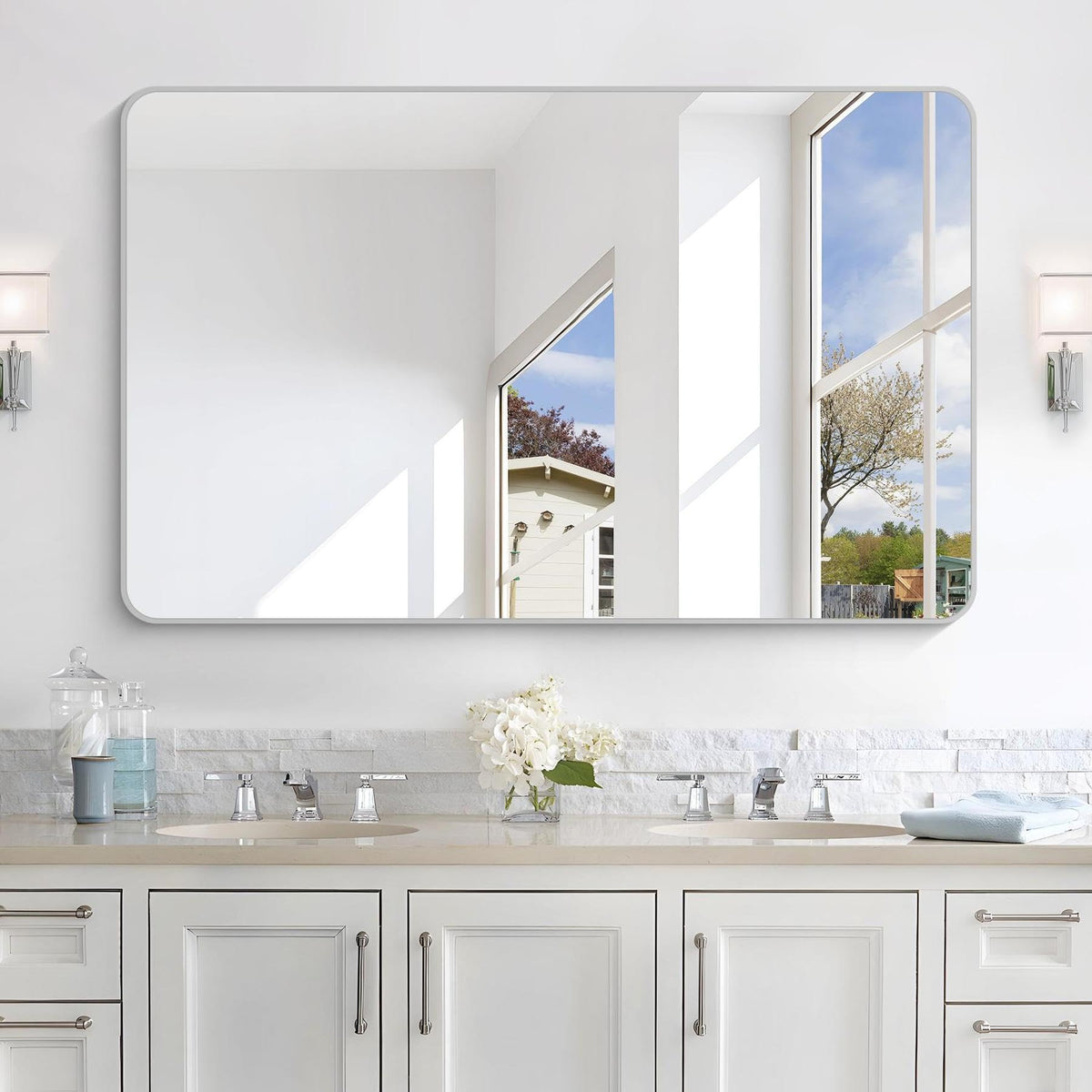 Black Bathroom Mirror, 28x42 inch Aluminum Metal Frame Rectangular Vanity Mirror, Wall Mounted Rectangle Mirrors with Rounded Corner for Bedroom Living Room Hangs Horizontal Or Vertical