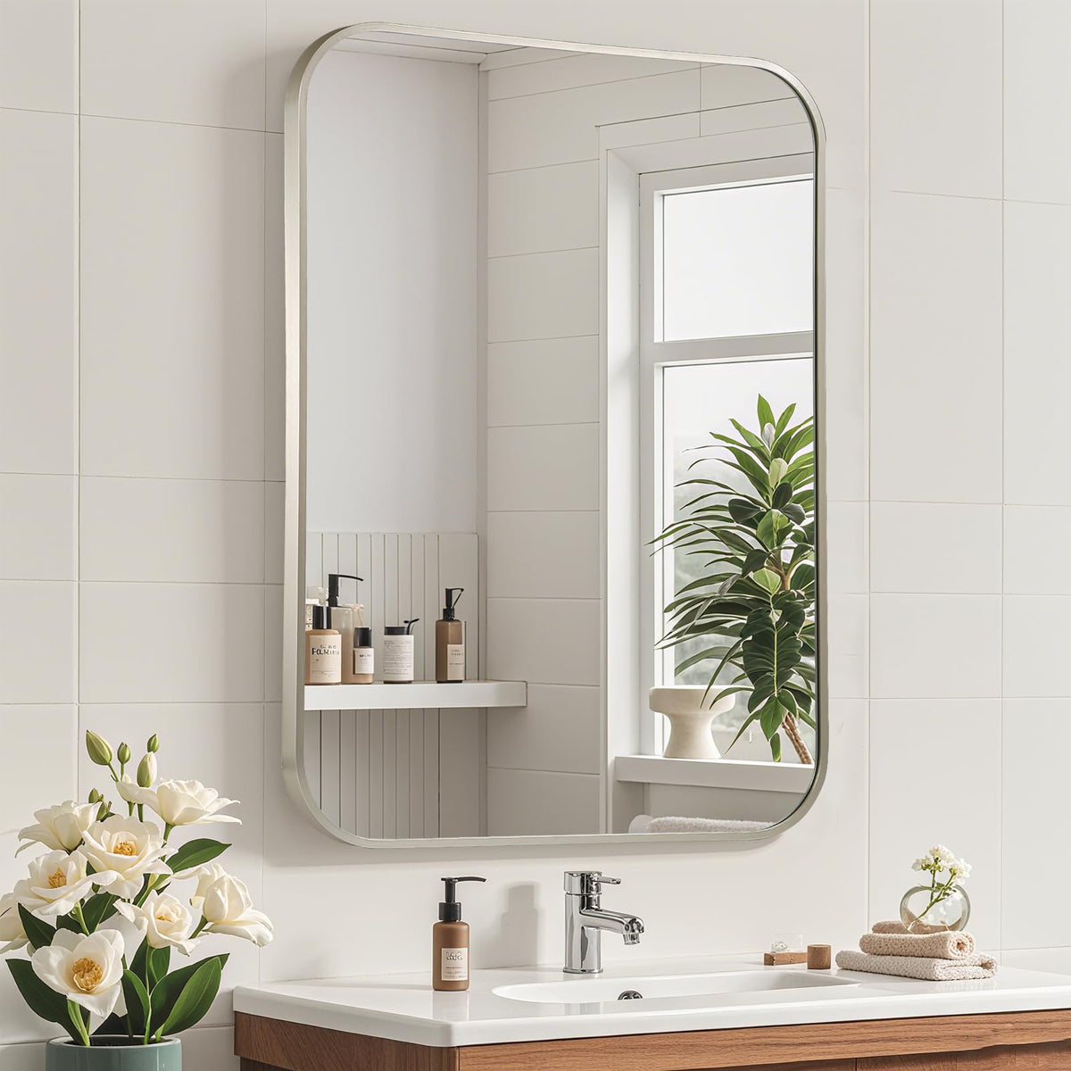 Brushed Nickel Bathroom Mirror, 30"x36" Rectangle Mirror, Brushed Mirror, Metal Frame Square Corner Vanity Mirror, Wall Mounted Mirror for Modern, Living Room, Bedroom, Horizontal Or Vertical