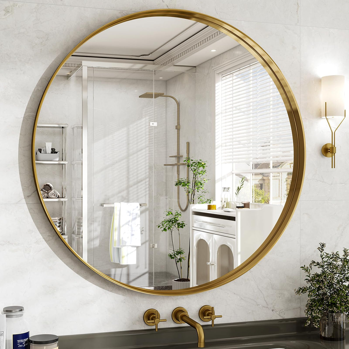 42 Inch Round Bathroom Mirror - Black Wall Mounted Circle Mirror with Metal Frame, Modern Round Hanging Mirror Suitable for Bathroom, Vanity, Entryway, Living Room