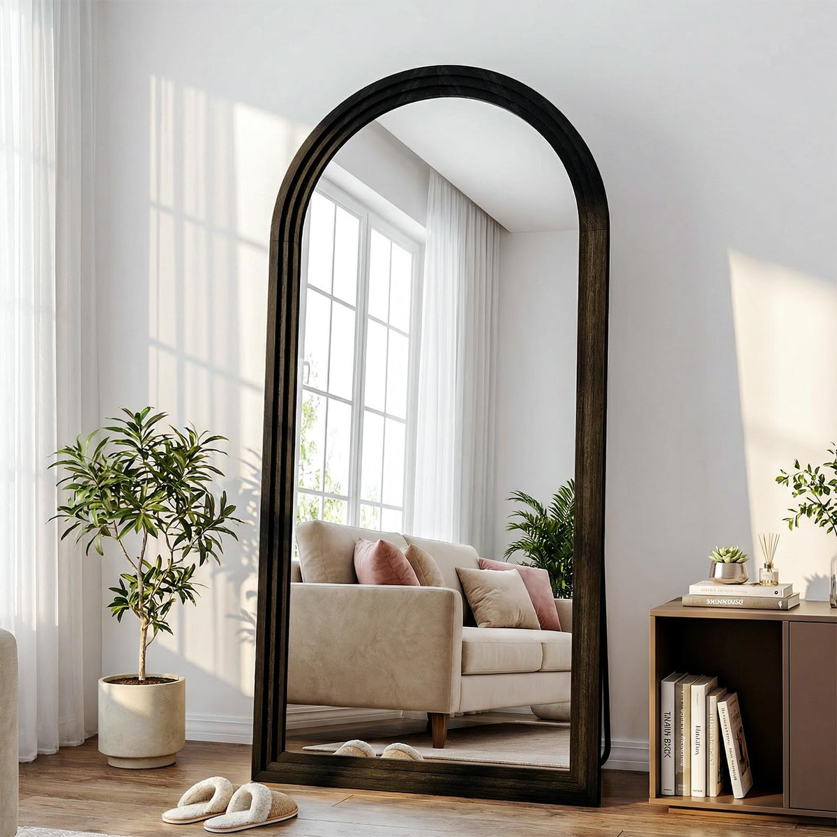24"x65" Full Length Mirror Solid Wood Frame, Arched Floor Mirror Full Length with Stand, Room Decor Big Full Body Mirror with HD Tempered Glass for Bedroom, Living Room, Walnut Wood