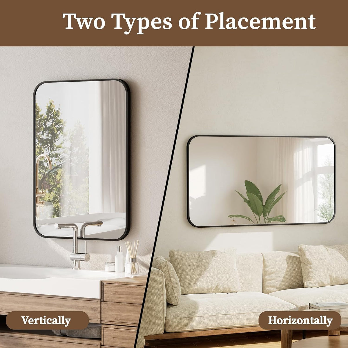 BEAUTYPEAK 24" x 36" Rectangular Aluminum Alloy Frame Wall Mounted Bathroom Mirror with Rounded Corners, Black
