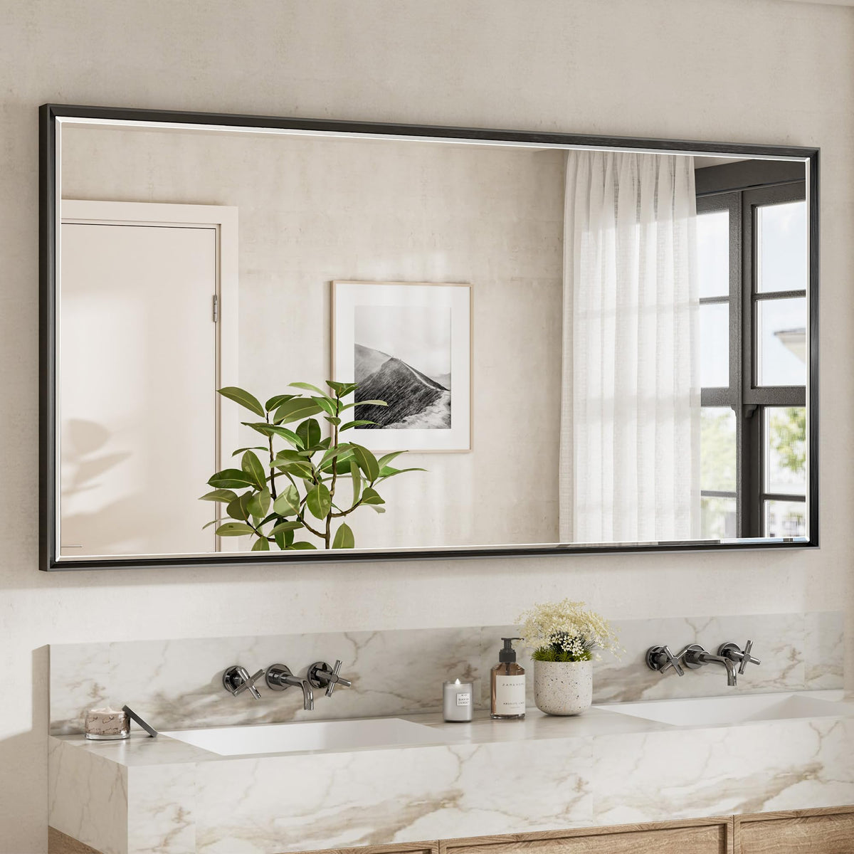 Brushed Nickel Bathroom Mirror, 24x32 Inch Beveled Framed Bathroom Mirror Anti-Rust, Brushed Nickel Metal Frame Bathroom Vanity Mirror for Wall, Vertical/Horizontal Wall-Mounted Mirrors