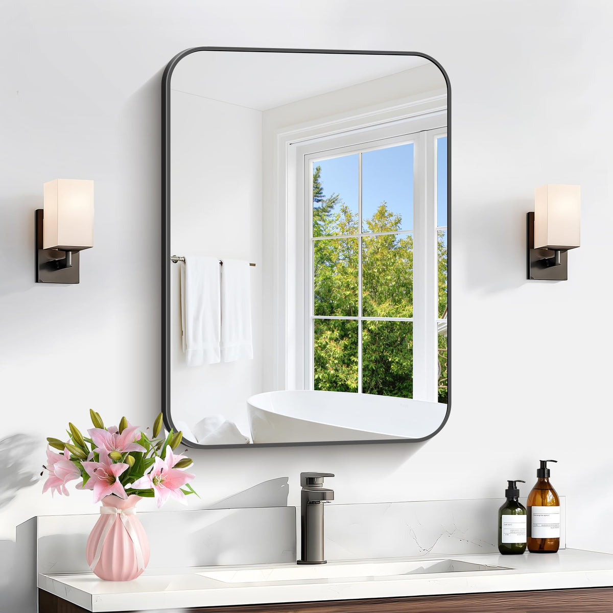 Black Bathroom Mirror, 28x42 inch Aluminum Metal Frame Rectangular Vanity Mirror, Wall Mounted Rectangle Mirrors with Rounded Corner for Bedroom Living Room Hangs Horizontal Or Vertical