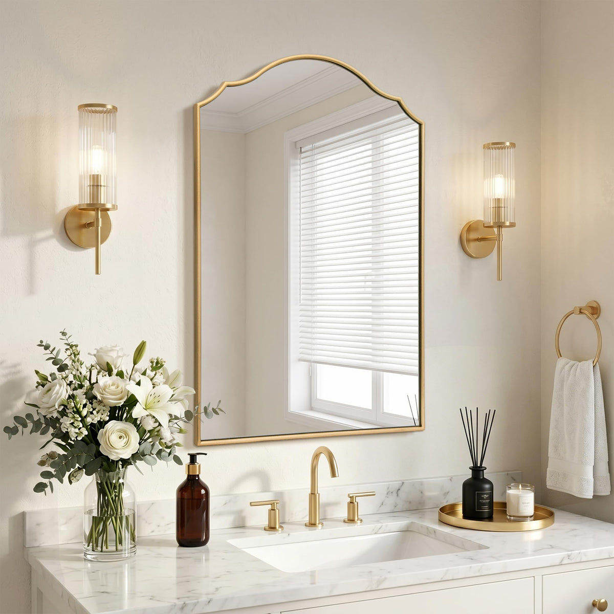 Besdomus Gold Scalloped Wall Mirror: 40"x29" Large Wooden Bathroom Mirror