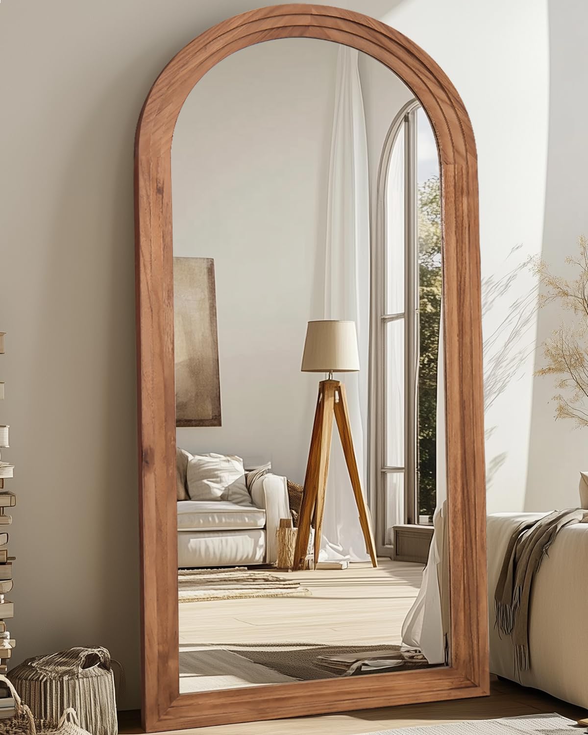 Full Length Mirror 71"x32", Arched Solid Wood Frame with Stand