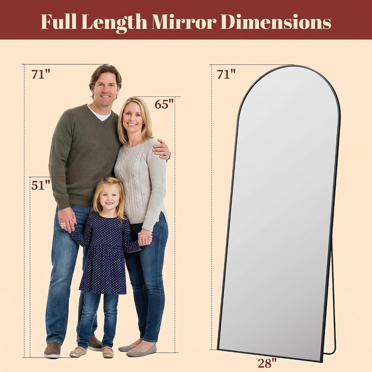 Suidia 71"x28" Arched Full Length Mirror with Stand, Black Floor Mirror