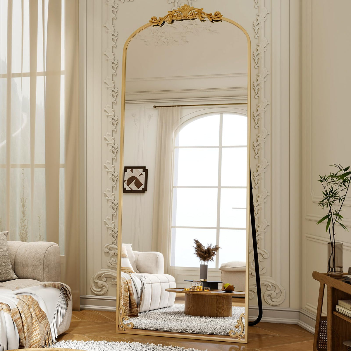 XRAMFY Arched Full Length Mirror, 71'' x 28'' Vintage Full Body Mirror with Carved for Home Decor, Standing Floor Mirror for Wall for Living Room, Bedroom, Cloakroom, Black, Retro Style