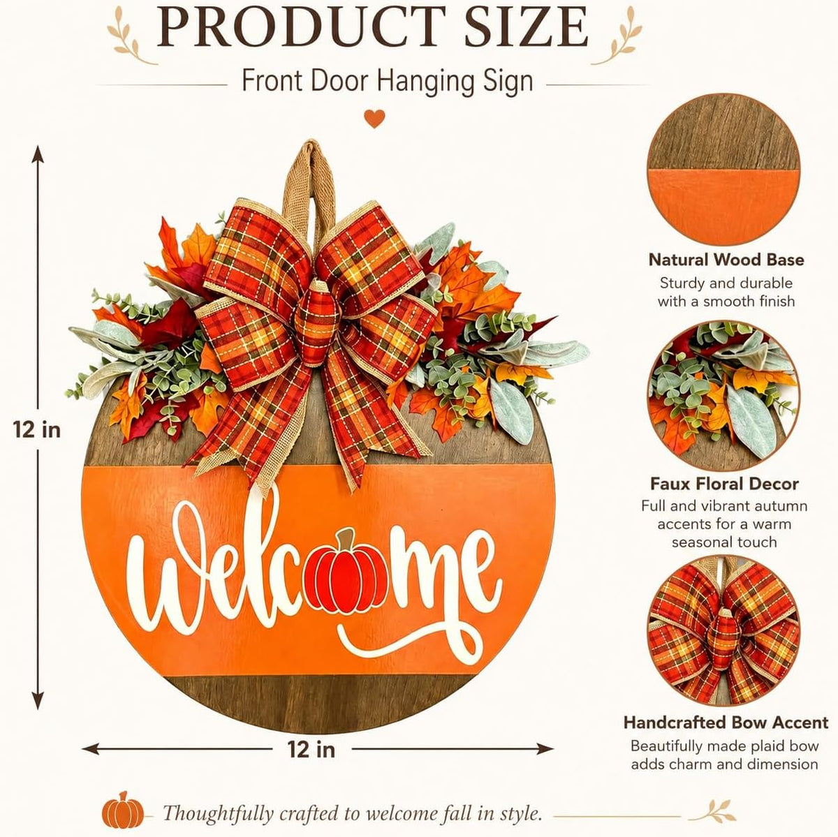 Fall Door Sign for Front Door, Wooden Welcome Hanger with Pumpkin Design, Plaid Bow and Autumn Leaves, Porch Entry Decor, Harvest Wreath Accent, Thanksgiving Decorations for Home and Covered Porch