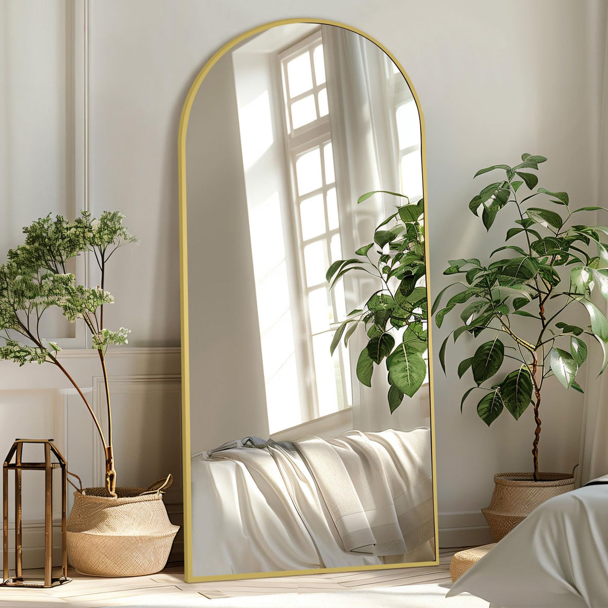 MirrMuse 76"x34" Large Arched Floor Mirror Full Length with Stand, Gold