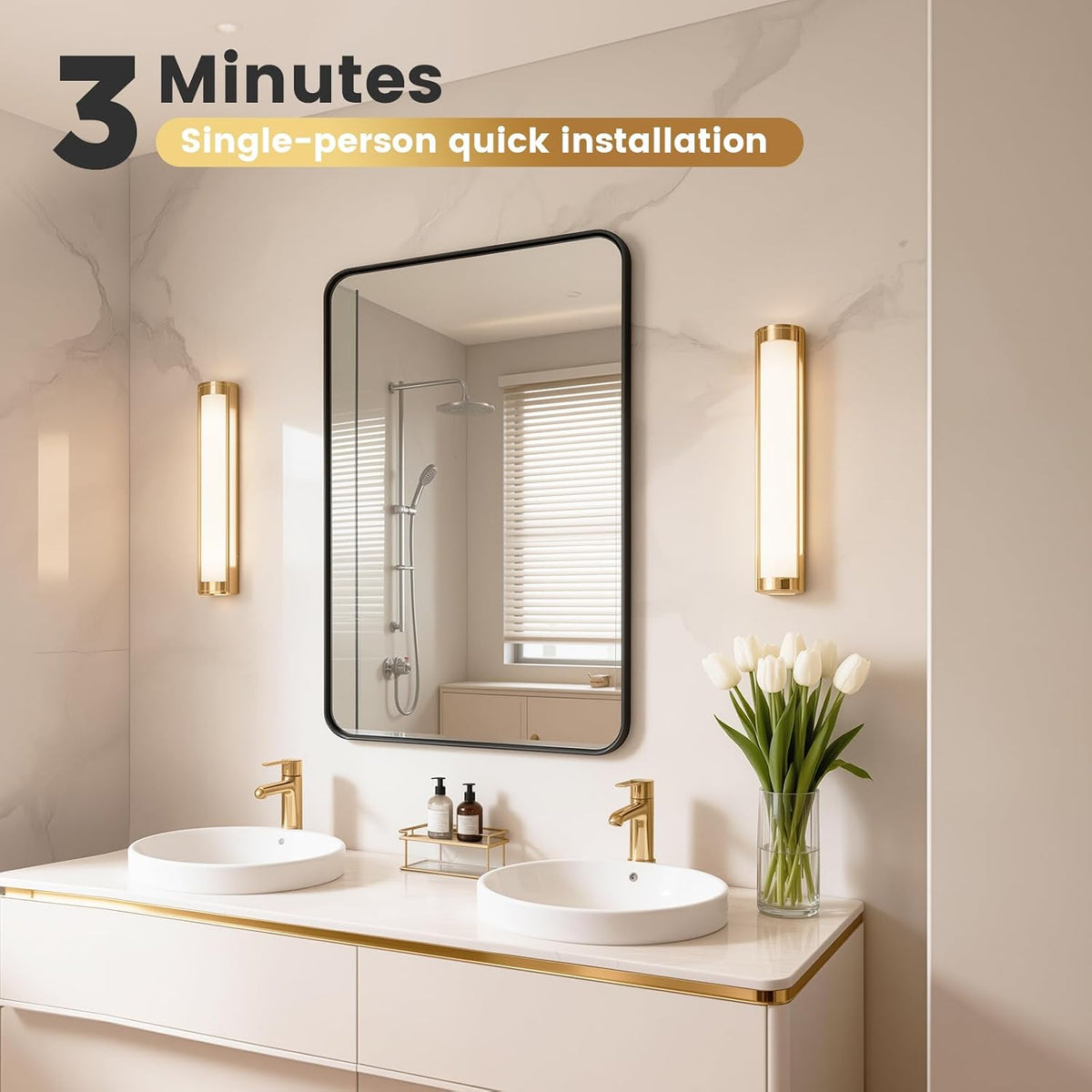 Black Bathroom Mirror 24 x 28 in Vanity Mirror,Metal Frame Wall Mirror,Farmhouse Rectangle Mirror, Bathroom Mirrors for Over Sink,Horizontal or Vertical Hanging