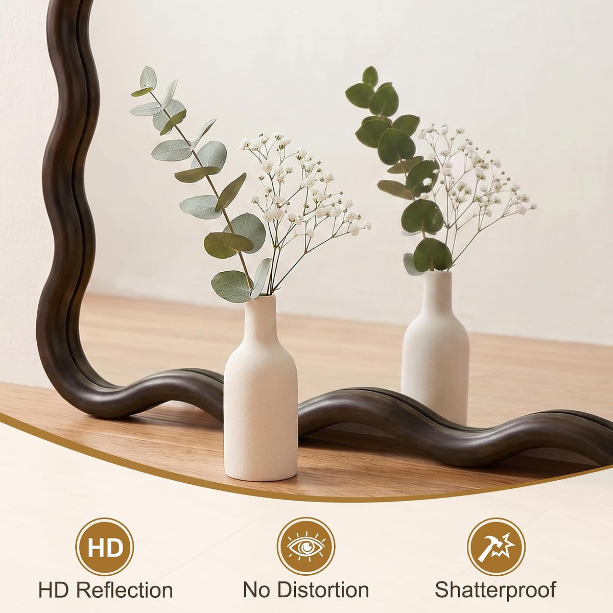 AMOISE Full Length Mirror, 56"x28" Boho Wavy Floor Mirror, Dark Brown