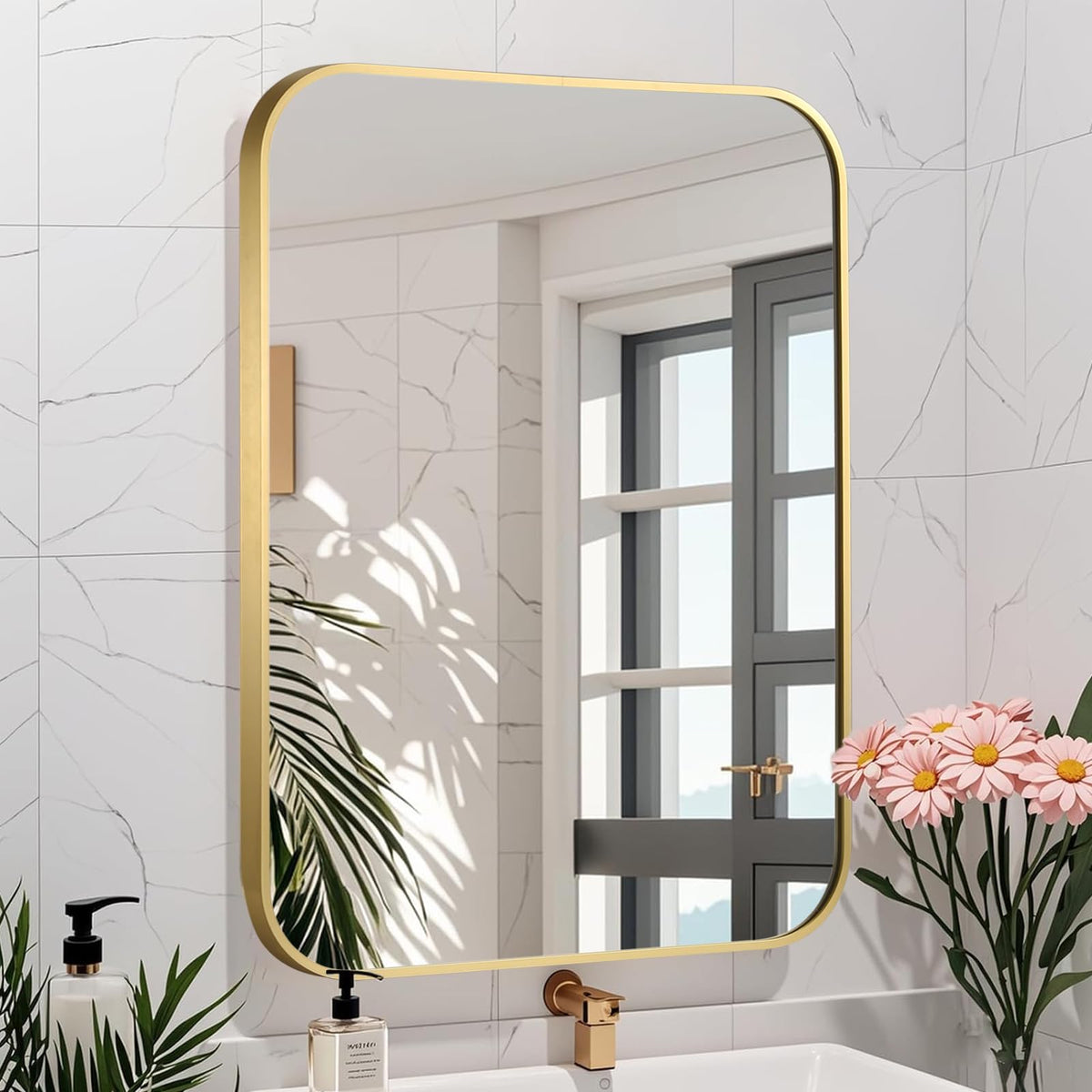 Brushed Nickel Bathroom Mirror, 30"x36" Rectangle Mirror, Brushed Mirror, Metal Frame Square Corner Vanity Mirror, Wall Mounted Mirror for Modern, Living Room, Bedroom, Horizontal Or Vertical