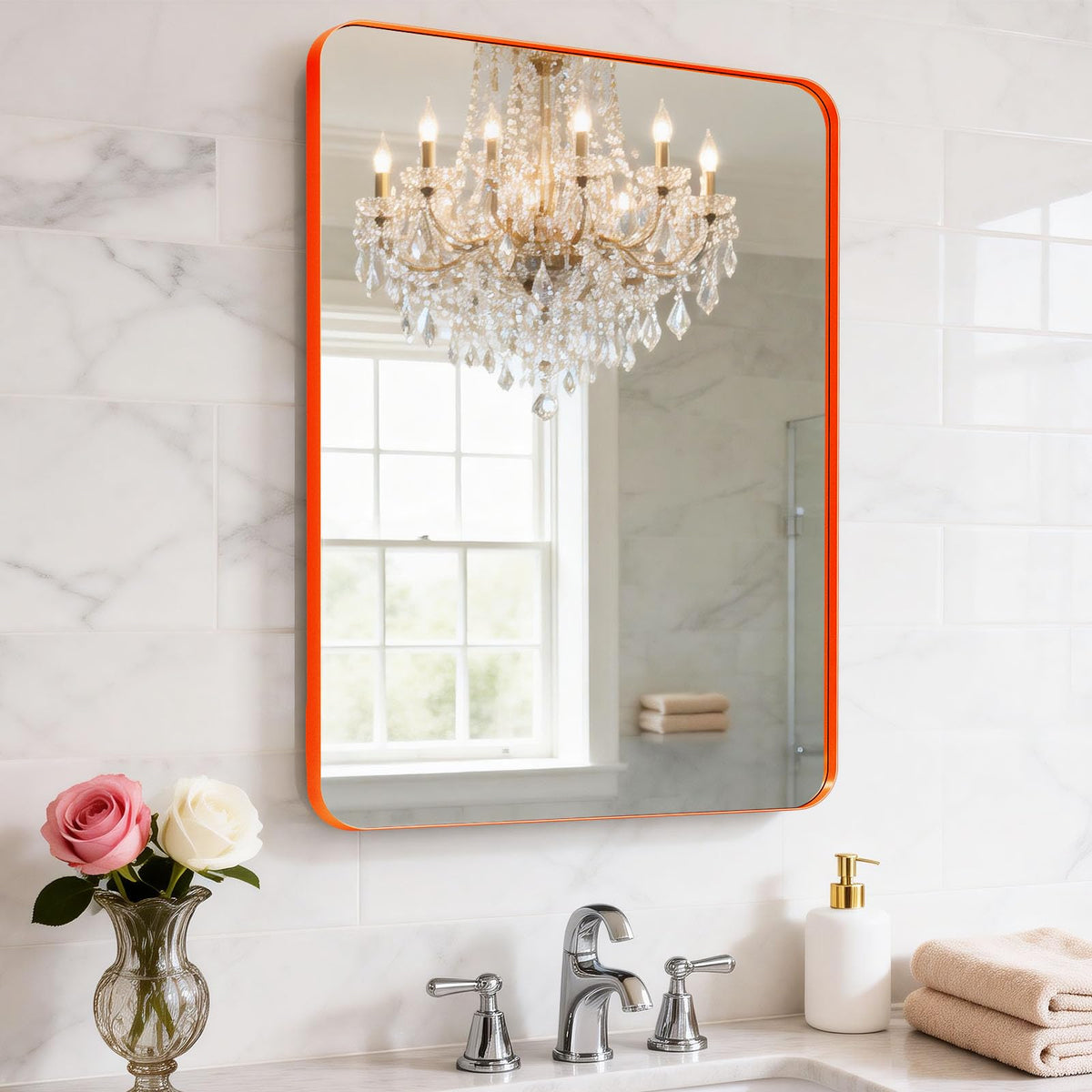 Black Bathroom Mirror 24 x 28 in Vanity Mirror,Metal Frame Wall Mirror,Farmhouse Rectangle Mirror, Bathroom Mirrors for Over Sink,Horizontal or Vertical Hanging