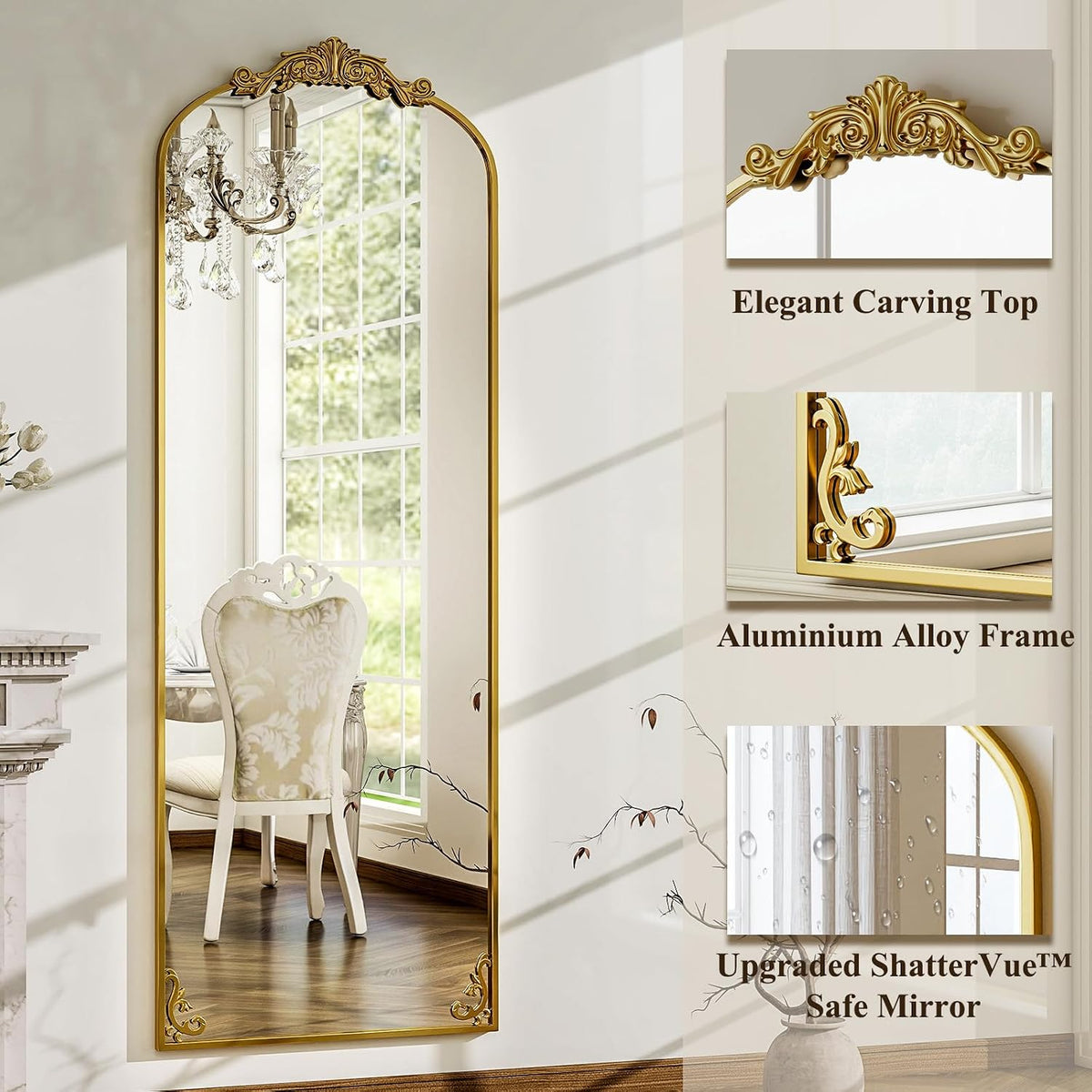 GLSLAND Arched Full Length Mirror,64"x21" Vintage Carved Floor Mirror Gold