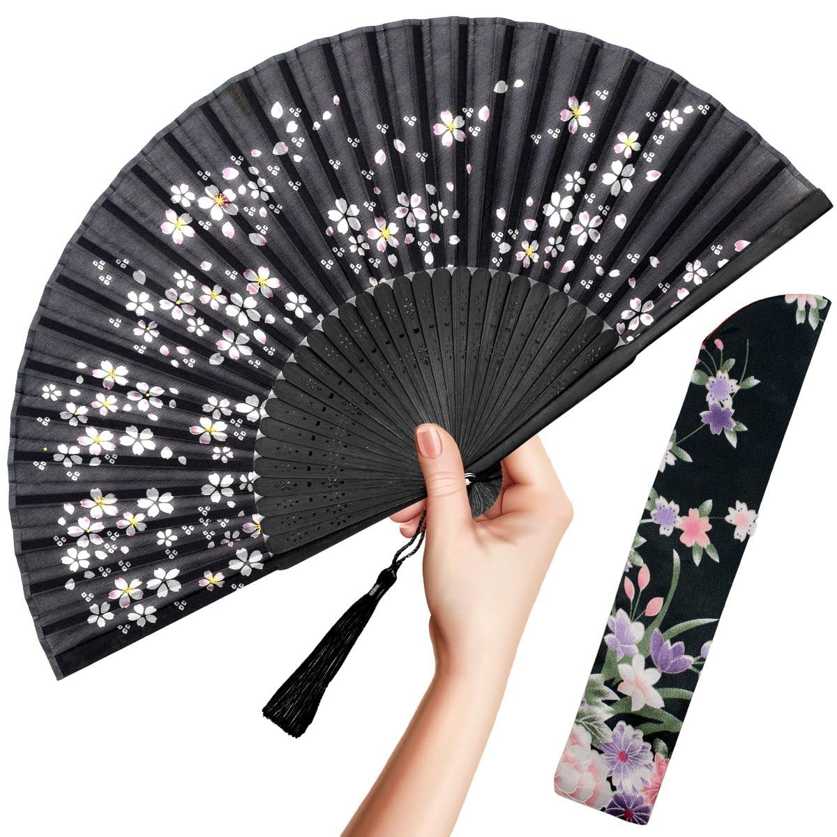 OMyTea Hand Fan Foldable for Women, Japanese Chinese Fan, Solid Black