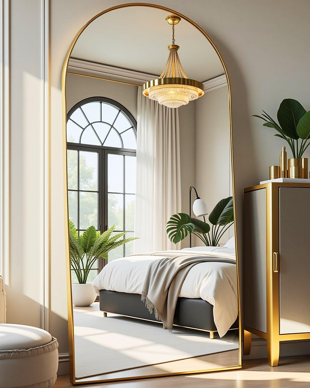 DMWOODFL 81"x41" Arched Full Length Mirror - Extra Large Floor Standing/Wall Mounted Mirror with Stand, Shatter-Resistant Gold Aluminum Frame for Bedroom, Living Room & Dressing Area