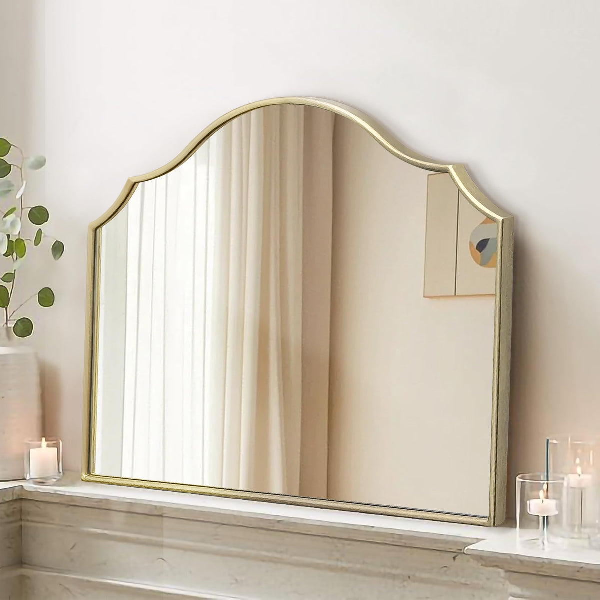 Besdomus Gold Scalloped Wall Mirror: 40"x29" Large Wooden Bathroom Mirror
