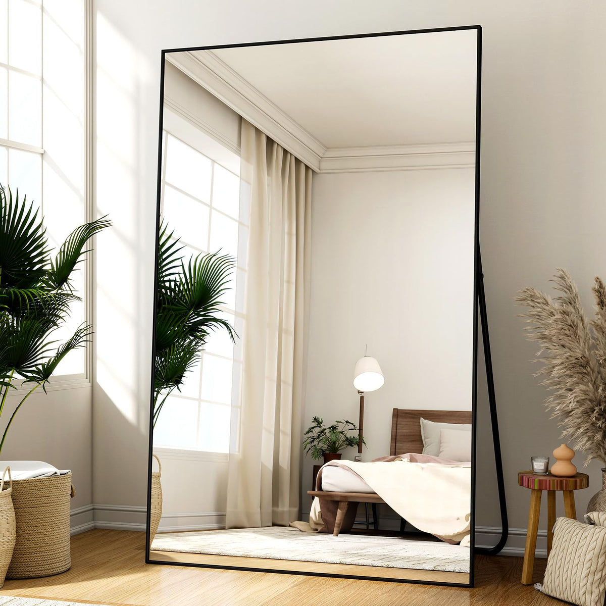 Easly 34"x76" Full Length Mirror with Stand, Large Rectangular Floor Mirror for Bedroom, Living Room or Closet, Wall-Mounted or Freestanding, Black Aluminum Alloy Frame
