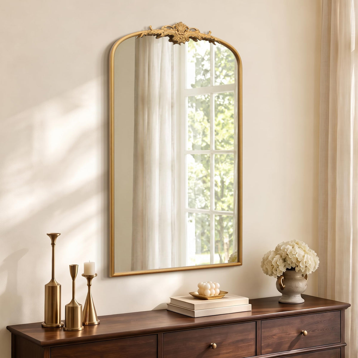 Besdomus Vintage Arched Gold Mirror: 40"x29" Large Brass Antique Decorative