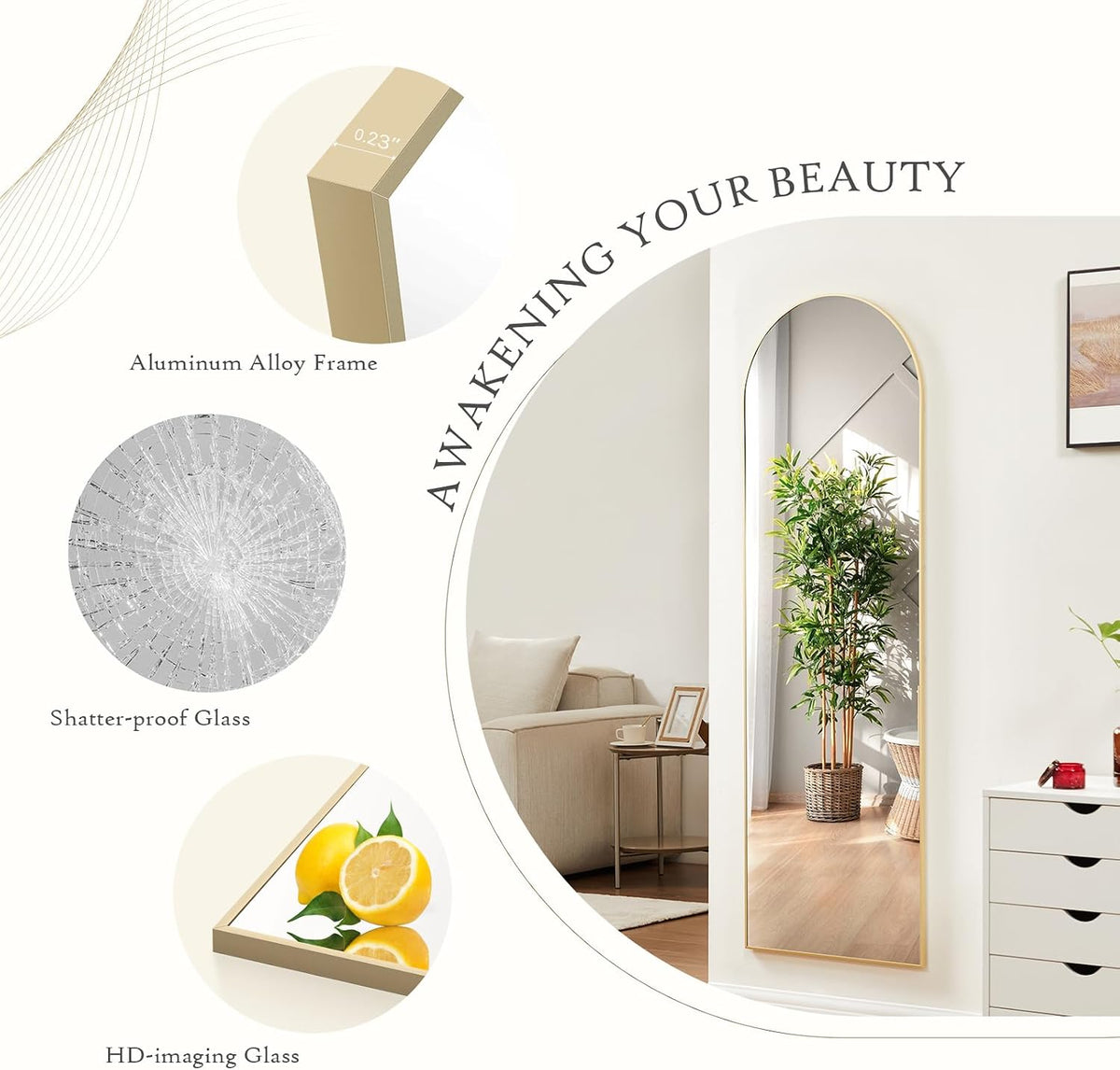 64"x21" Arched Full Length Mirror, Full Body Mirror with Leaning or Standing, Floor Standing Aluminum Frame for Bedroom, Livingroom, Cloakroom, Gold