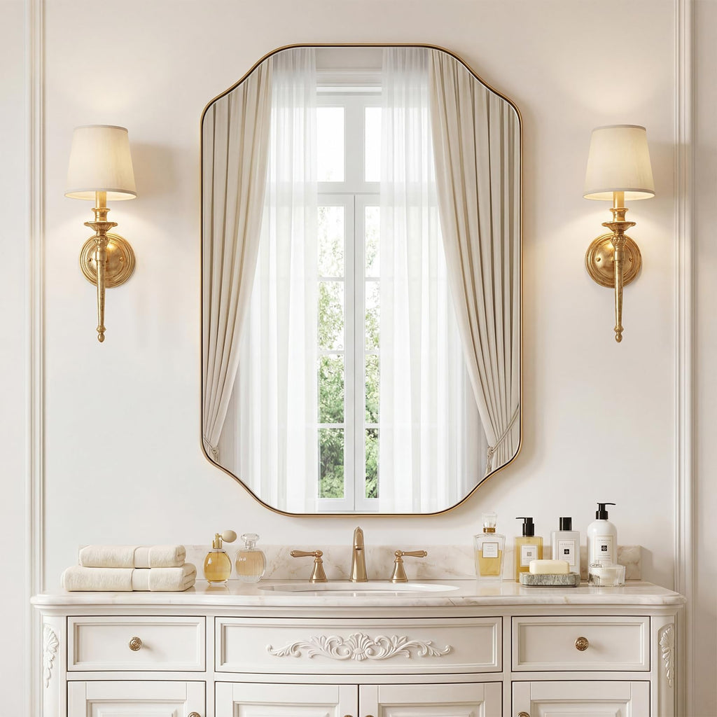 24x32 Inch Bathroom Mirror, Brushed Nickel Scalloped Wall Vanity Mirror Anti-Rust Stainless Steel 0.8" Frame Wall Mounts Horizontally or Vertically